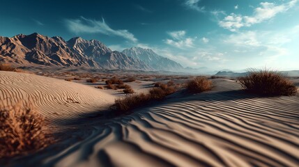 Surreal Desert Landscape with Giraffes &ndash; Alien Dreamscape, Tilt-Shift Sand Dunes & Blue Sky, Stunning Abstract Nature Render  , remote, adventure, wanderlust
