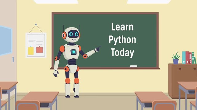 Animated robot teacher standing by a chalkboard with text &ldquo;Learn Python Today&rdquo;. Educational cartoon animation about programming, coding, and technology, perfect for online courses and e-learning platf