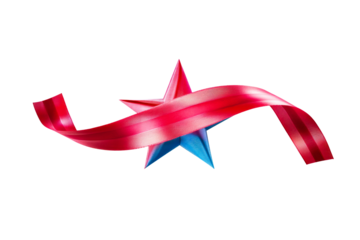 Red ribbon flowing around a blue star shape