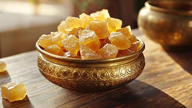 close-up of asafoetida resin pieces in a traditional indian brass spice container video