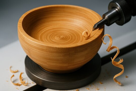 Crafting a wooden bowl using a lathe at a woodworking studio