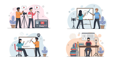 Diverse Content Creators Presenting Online Courses and Video Production Concepts
