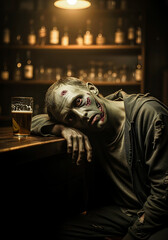 Halloween scene of a zombie drinking at the bar