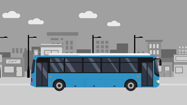 Flat vector animation of a blue city bus driving in a modern cityscape. Ideal for urban mobility and public transportation concepts.