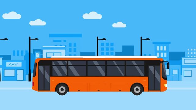 Flat vector animation of an orange city bus driving through an urban background. Perfect for transport, travel, and public transit themes.