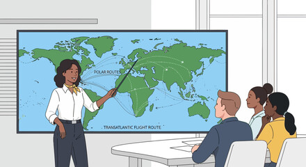 Business Meeting Discussing Global Transatlantic and Polar Flight Routes