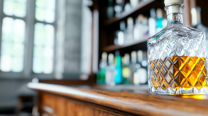 Beautifully crafted glass decanter filled with amber liquor sits elegantly polished wooden bar, surrounded by blurred bottles background