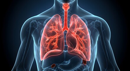 Illustration of transparent human torso with glowing red lungs and bronchi. Concept for health, anatomy, medical, biology, respiratory system, breathing, disease awareness.
