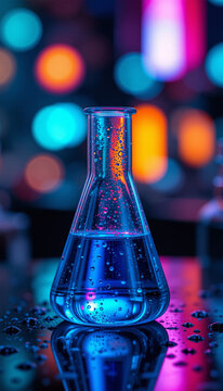 blue liquid in erlenmeyer flask, science research experiment in laboratory glassware for chemistry, biology, medical analysis