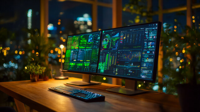Dual monitor setup displaying financial trading charts in a modern office environment at night