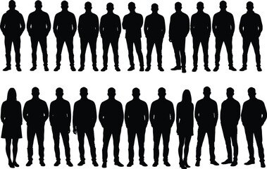Silhouettes of standing people in casual and business attire, group portrait, diverse men and women, social gathering, teamwork