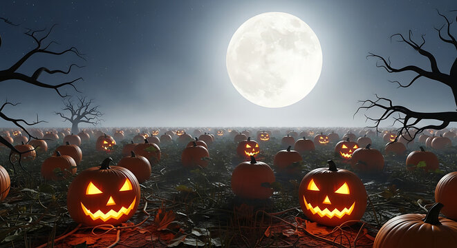 A spooky halloween night with a field of jack o lanterns under a bright full moon and bare trees