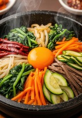 Steaming Dolsot Bibimbap with fresh vegetables and raw egg in stone bowl. Korean food