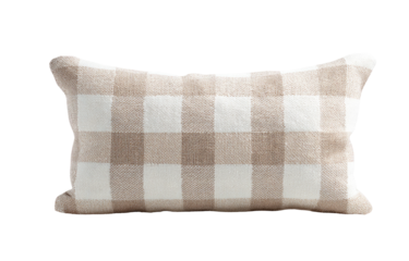 Beige and white checked throw pillow