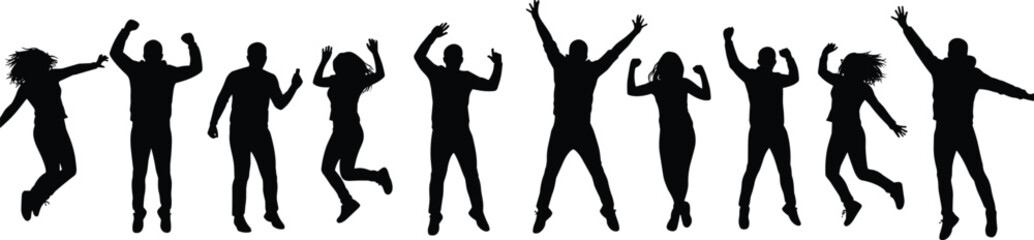 Group of happy people jumping and celebrating with raised hands, silhouette on white background, diverse joyful individuals