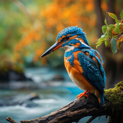 Naklejka premium Vibrant kingfisher perches on mossy branch beside flowing river in autumn
