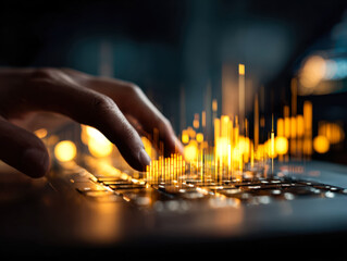 Hands manipulating a control panel with dynamic digital data visualization