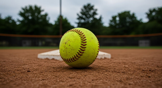 low-angle close-up of a softball on home plate, with focus on stitching and dirt particles. Concepts for baseball, softball, sports, game, sport, action, competition, inning, outdoors.
