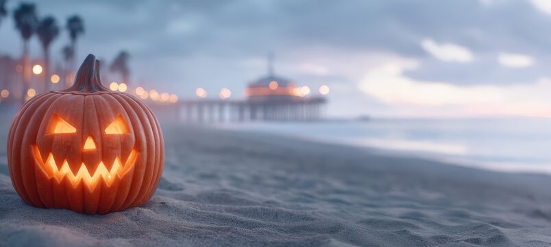 A spooky Halloween pumpkin is placed by the beach as dusk settles in with charm - Powered by Adobe