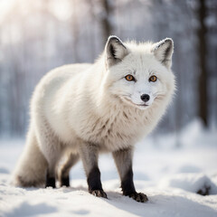 Obraz premium Stunning white fox with amber eyes stands alert in a snowy forest