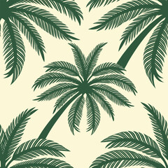 Dark green palm trees and fronds on a light yellow background repeating pattern tropical leaf