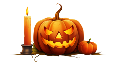 Spooky Halloween jack-o'-lantern grinning next to an orange candle and a mini pumpkin, perfect for seasonal designs and festive projects this autumn