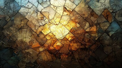 A fractured surface design with warm, golden light.