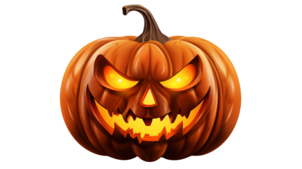 Menacing Halloween jack-o'-lantern with glowing eyes and jagged grin, perfect for spooky season designs and festive fall celebrations, inviting thrilling fun