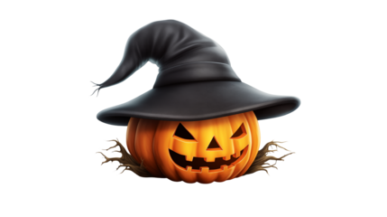 Festive Halloween pumpkin glowing with a spooky smile and wearing a classic witch hat, captures the spirit of autumn with seasonal charm, perfect for holiday fun