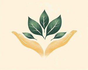 Hands nurturing green leaves symbolizing growth and nature conservation in a minimalist style