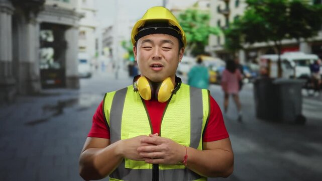 Man wearing safety vest and helmet in an urban street setting, displaying confident expression while blurred pedestrians pass by, evoking city life and urban development.