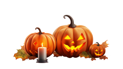 Jack-o'-lanterns and candle light up the night, bringing Halloween's spooky spirit to life with glowing smiles and autumnal leaves, perfect for fall celebrations