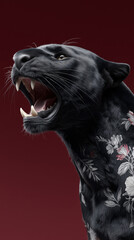 A striking image of a black panther with floral patterns and a bold expression. This image captivates the eye with its contrast and intricate detail.