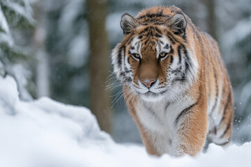 Obraz premium A majestic tiger confidently walking through a snowy forest, with striking stripes and intense gaze. The tiger's orange and black fur contrasts against the white snow