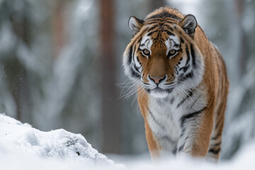 Majestic tiger prowling through the snow-covered wilderness, captured in a close-up portrait, displaying strength and beauty.