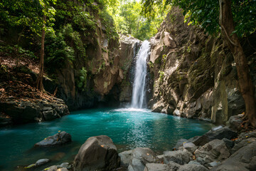Fototapeta premium Majestic waterfall in the rainforest jungle of Costa Rica. La Cangreja waterfall in Rincon de La Vieja National Park, Guanacaste