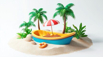 Obraz premium A colorful boat with a red and white striped umbrella and palm trees on a sandy beach with rocks and plants.