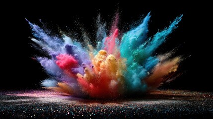 Colorful powder explosion against a black backdrop creates a dynamic and artistic effect