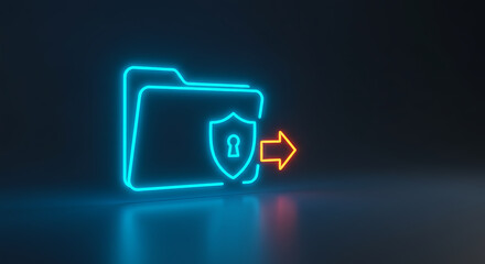 Secure Folder and Arrow Icon: Illuminated neon icon of a secure folder with a shield and keyhole alongside a neon arrow, symbolizing data protection and secure access.