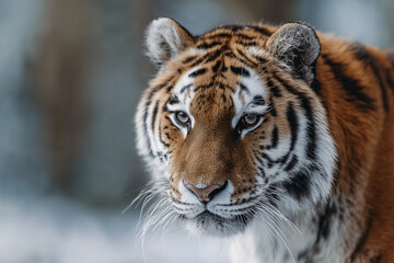 A majestic tiger gazes directly at the camera, showcasing its striking stripes and piercing eyes