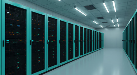 Digital Fortress: A captivating perspective showcases a modern data center, with rows of server racks extending into the distance, illuminated by sleek lighting.