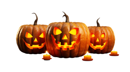Spooky Halloween jack-o'-lanterns glowing eerily with candlelight, perfect for holiday invitations, festive decorations, and autumn celebrations, adding a touch of fright