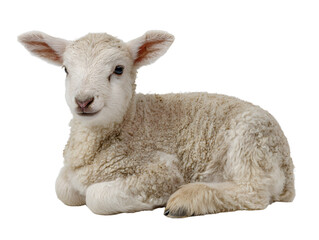 Obraz premium A small lamb with white wool lying down on a white background looking to the right of the frame