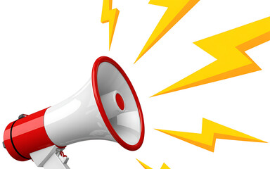 Red and white megaphone with yellow lightning bolts