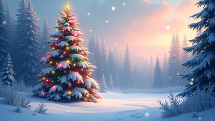 A snow covered Christmas tree decorated with colorful lights stands in a snowy forest at sunset, with snowflakes falling.