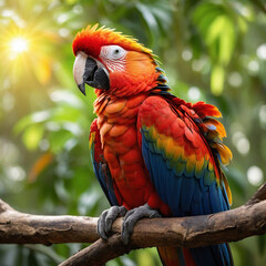 Obraz premium Vibrant Scarlet Macaw perched on a branch bathed in golden sunlight
