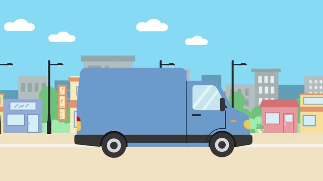 A clean blue cartoon delivery van moves steadily from left to right in a seamless loop with a simple city backdrop. Ideal for transportation, logistics, e-commerce promos, and business presentations.