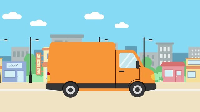 Flat 2D animation of an orange delivery truck moving along a bright city street with clouds, street lamps, and simplified urban scenery. The seamless vector loop is great for courier service ads, ecom