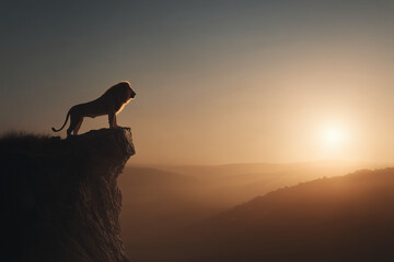 Majestic lion standing on a cliff edge, silhouetted against a stunning sunset, embodying strength and pride