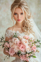 Naklejka premium Beautiful Romantic Blonde Bride with Flowers